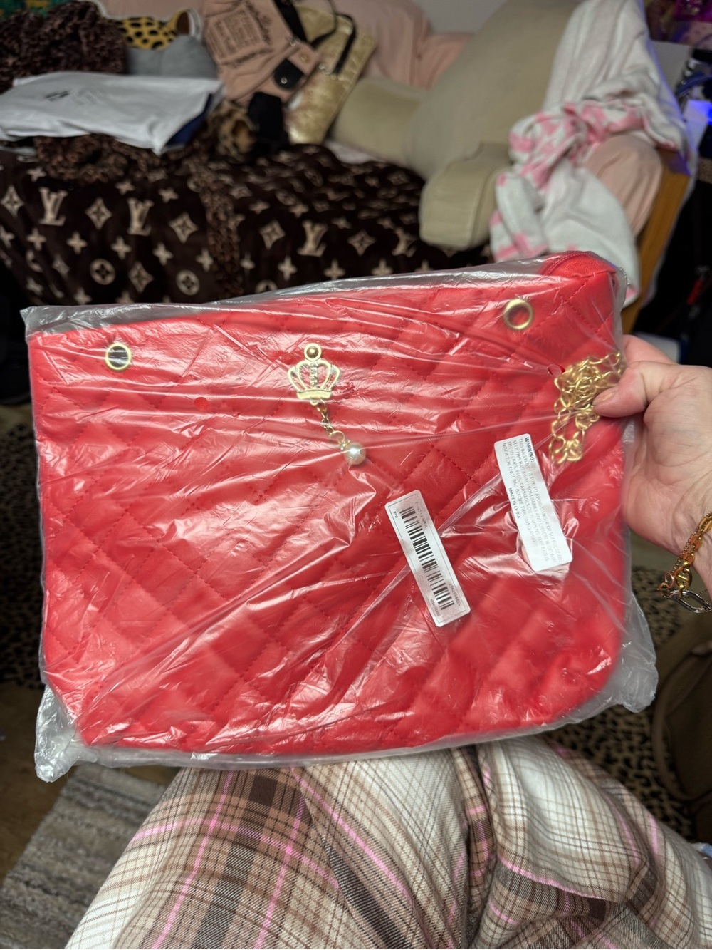 Red, gray, pink, and brown Quilted Crossbody Bag with Gold Crown Accent